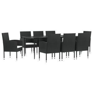9 pcs conjunto de jantar para jardim vime PE e aço preto H