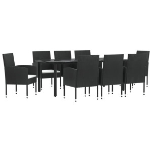 9 pcs conjunto de jantar para jardim vime PE e aço preto H