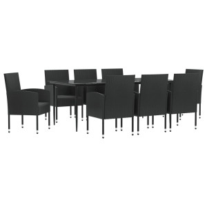 9 pcs conjunto de jantar para jardim vime PE e aço preto H