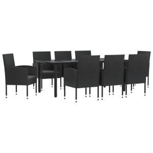9 pcs conjunto de jantar para jardim vime PE e aço preto H