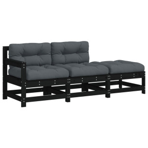 3 pcs conjunto lounge jardim c/ almofadões madeira maciça preto H