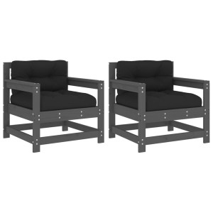 Sillones de jardín con cojines 2 uds madera maciza de pino gris H