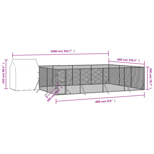Canil de exterior com teto 10x6x2.5 m aço galvanizado prateado M 4