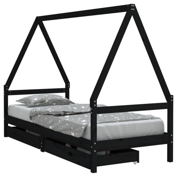 Estructura de cama niños con cajones madera pino negro 90x200cm M 2