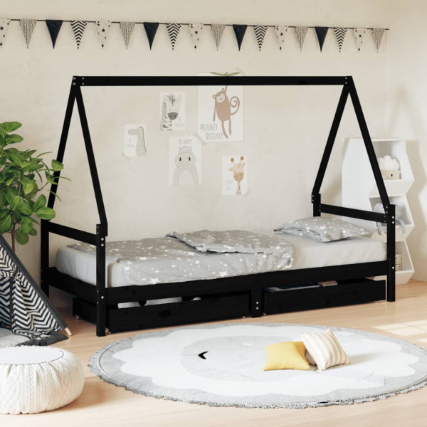 Estructura cama infantil y cajones madera pino negro 90x190 cm D