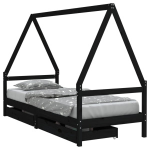 Estructura cama infantil y cajones madera pino negro 90x190 cm H