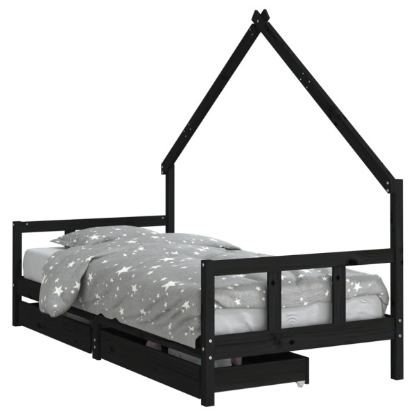 Estructura de cama niños con cajones madera pino negro 90x200cm M 2