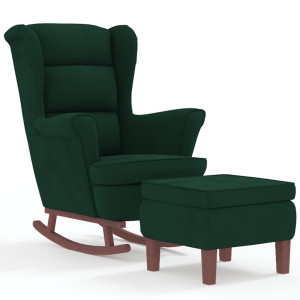 Sillón mecedora patas madera y taburete terciopelo verde oscuro H