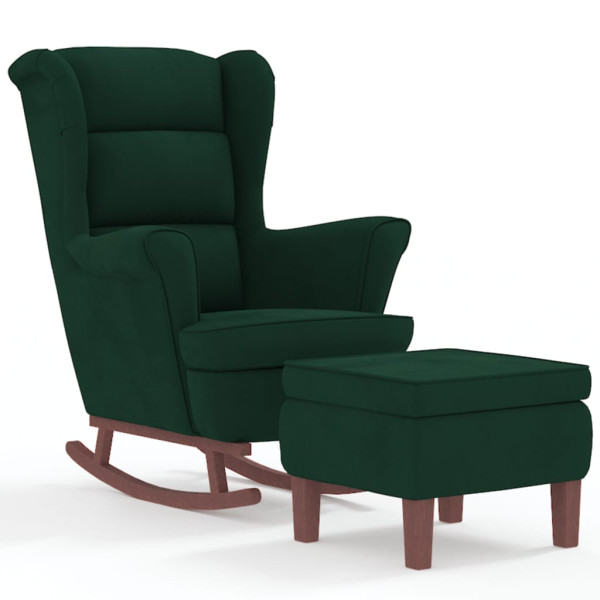 Sillón mecedora patas madera y taburete terciopelo verde oscuro M 2