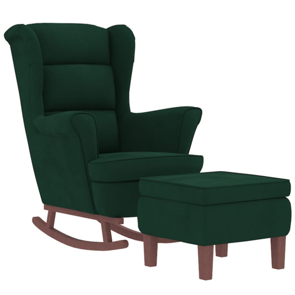 Sillón mecedora patas madera y taburete terciopelo verde oscuro M 3