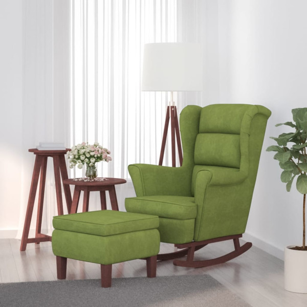 Sillón mecedora patas madera y taburete terciopelo verde claro D