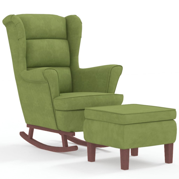 Sillón mecedora patas madera y taburete terciopelo verde claro M 2