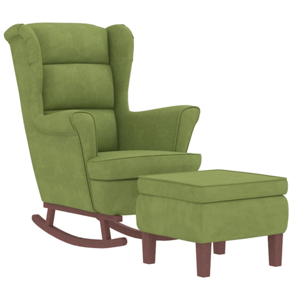 Sillón mecedora patas madera y taburete terciopelo verde claro M 3