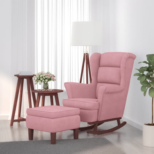 Sillón mecedora patas madera y taburete terciopelo rosa D
