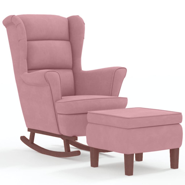 Sillón mecedora patas madera y taburete terciopelo rosa M 2