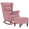 Sillón mecedora patas madera y taburete terciopelo rosa 3