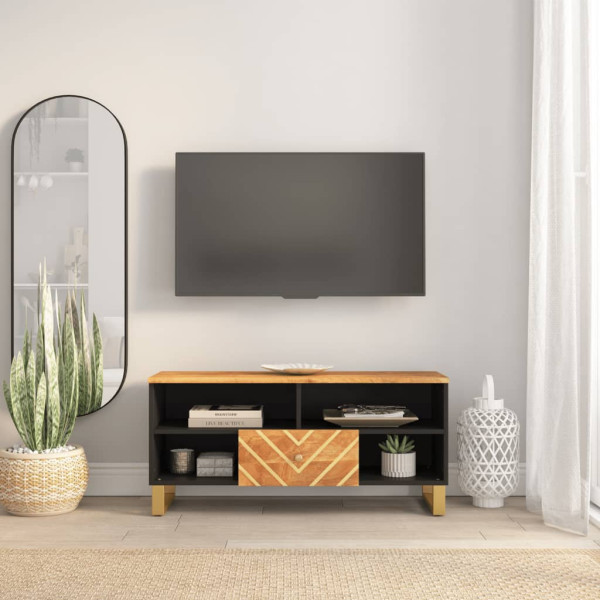 Mueble de TV madera maciza mango marrón y negro 100x33.5x46 cm D