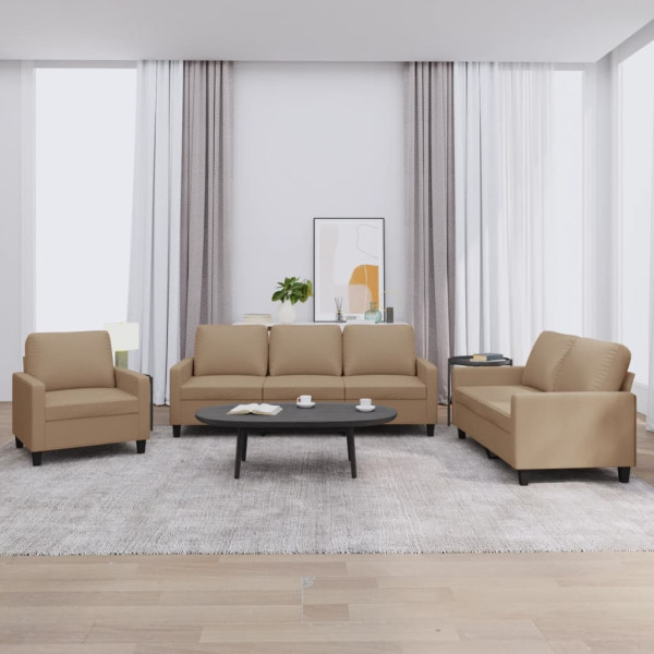 3 pcs conjunto sofás c/ almofadões couro artificial cappuccino D