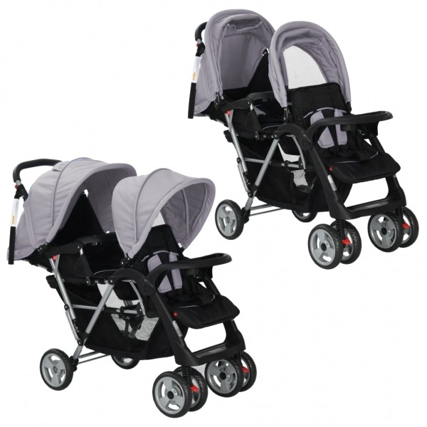 Carrito para 2 niños tandem de acero gris y negro D