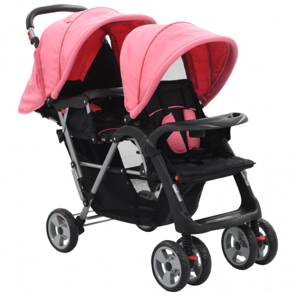 Carrito para 2 niños tandem de acero rosa y negro D