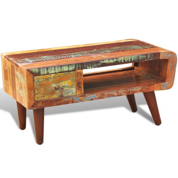 Mesa de centro con 1 cajón bordes curvados de madera reciclada M 4