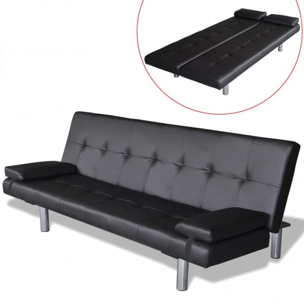 Sofa-cama ajustável com 2 almofadas couro artificial preto M 3