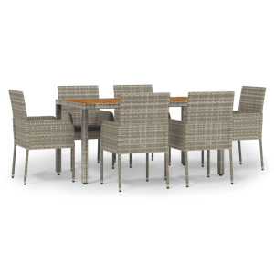 7 pcs conjunto de jantar p/ jardim c/ almofadões vime PE cinza H