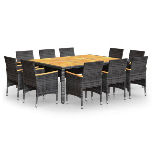 11 pcs conjunto de jantar para jardim vime PE cinzento H