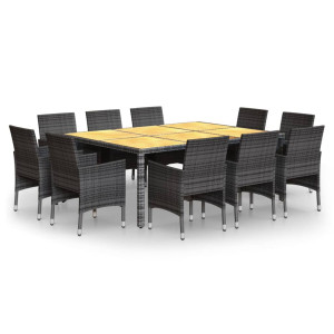11 pcs conjunto de jantar para jardim vime PE cinzento H
