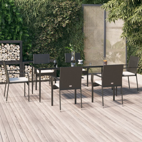 Set de comedor de jardín 7 pzas y cojines ratán sintético negro D