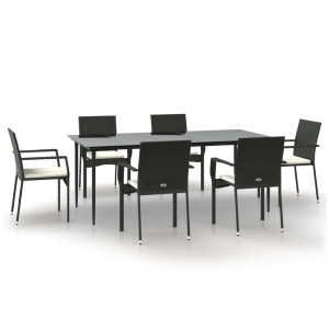 7 pcs conjunto de jantar p/ jardim c/ almofadões vime PE preto H