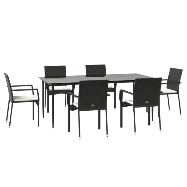 7 pcs conjunto de jantar p/ jardim c/ almofadões vime PE preto M 3