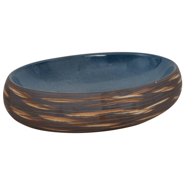 Lavatório de bancada oval 59x40x15 cm cerâmica castanho e azul M 2