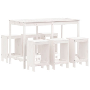 Set de mesa y taburetes altos jardín 7 pzas madera pino blanco H