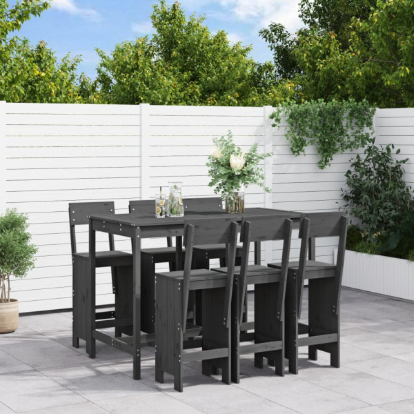 Set de mesa y taburetes altos jardín 7 piezas madera pino gris D