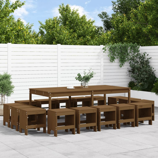 Set de comedor de jardín 17 pzas madera maciza pino marrón miel D