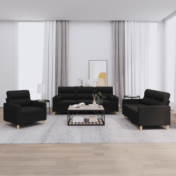 3 pcs conjunto de sofás com almofadas tecido preto D