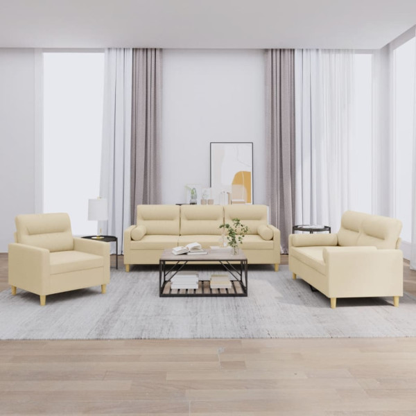 3 pcs conjunto de sofás com almofadas tecido cor creme D