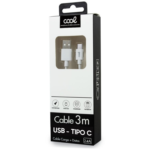 Cabo USB compatível COOL Universal TIPO-C (3 metros) Branco 2.4 Amplificador M 2