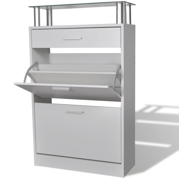 Mueble zapatero con cajón y estante superior de vidrio blanco D