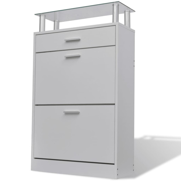 Mueble zapatero con cajón y estante superior de vidrio blanco M 2