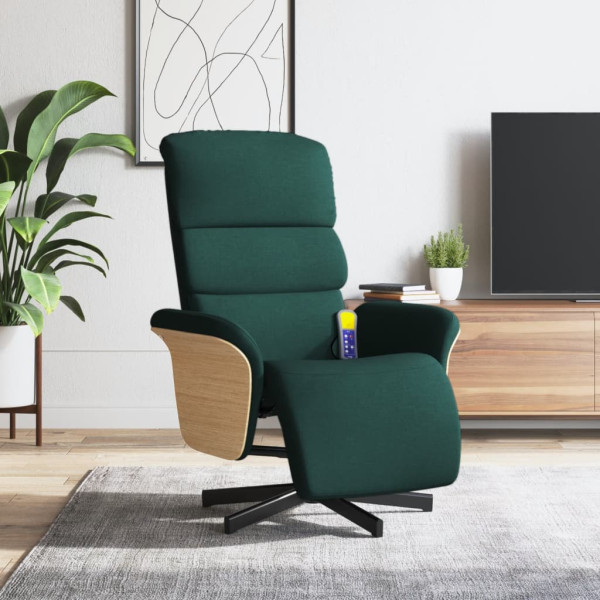 Sillón reclinable de masaje con reposapiés tela verde oscuro D