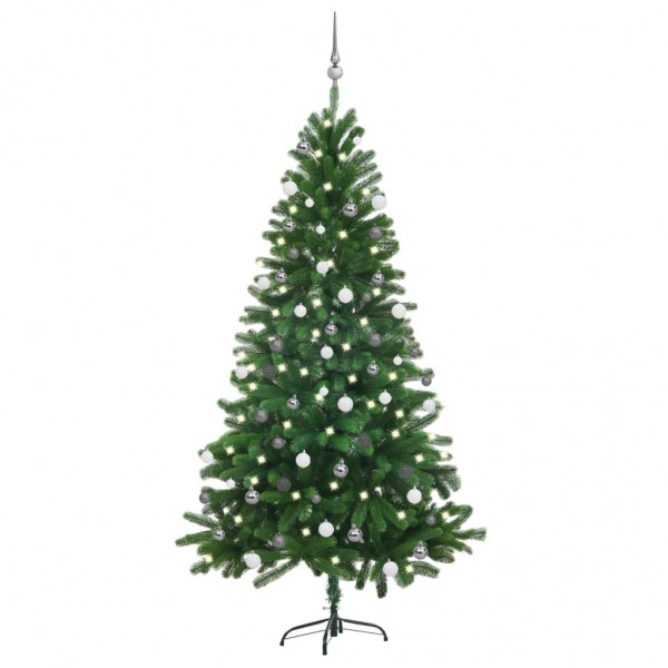 Árbol de Navidad preiluminado con luces y bolas verde 180 cm D