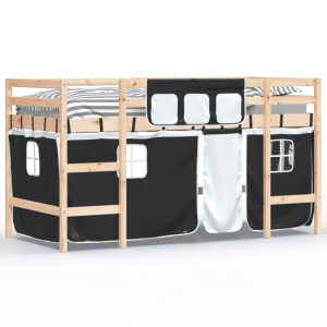 Cama alta criança c/ cortina 90x190cm pinho maciço branco/preto H
