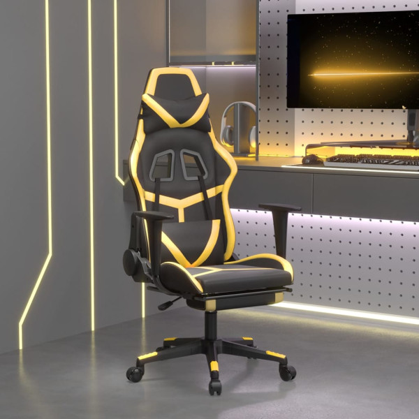 Silla gaming con reposapiés cuero sintético negro dorado D