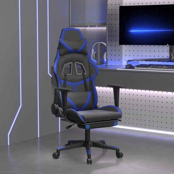 Silla gaming de masaje y reposapiés cuero sintético negro azul D