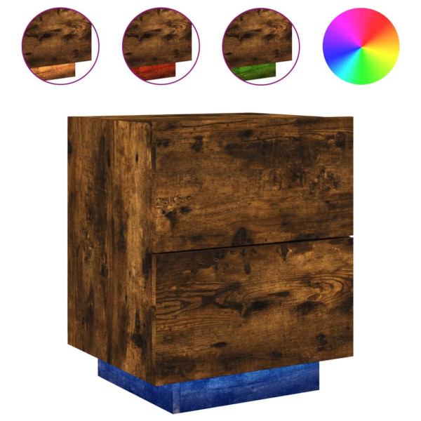 Mesita de noche luces LED 2 uds madera ingeniería roble ahumado M 5