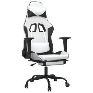 Silla gaming masaje y reposapiés cuero sintético negro blanco H