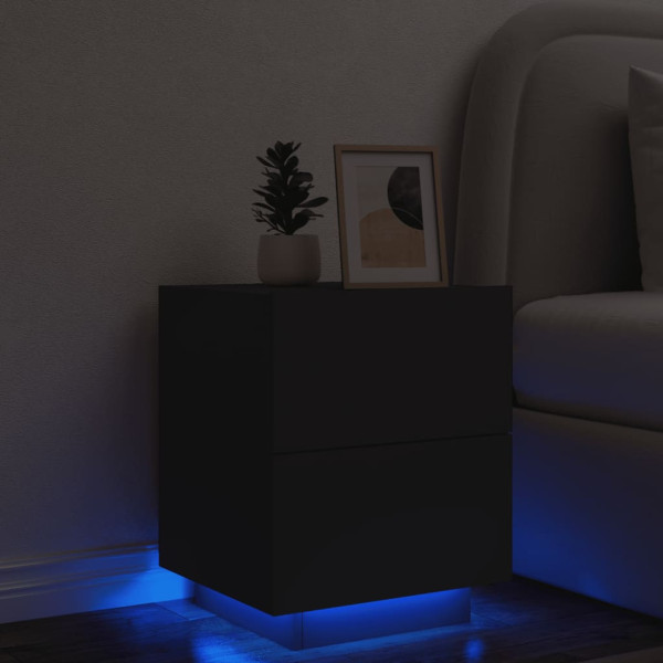 Mesita de noche con luces LED madera de ingeniería negra D