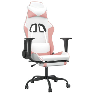 Cadeira gaming massagens c/ apoio pés couro artif. branco/rosa H